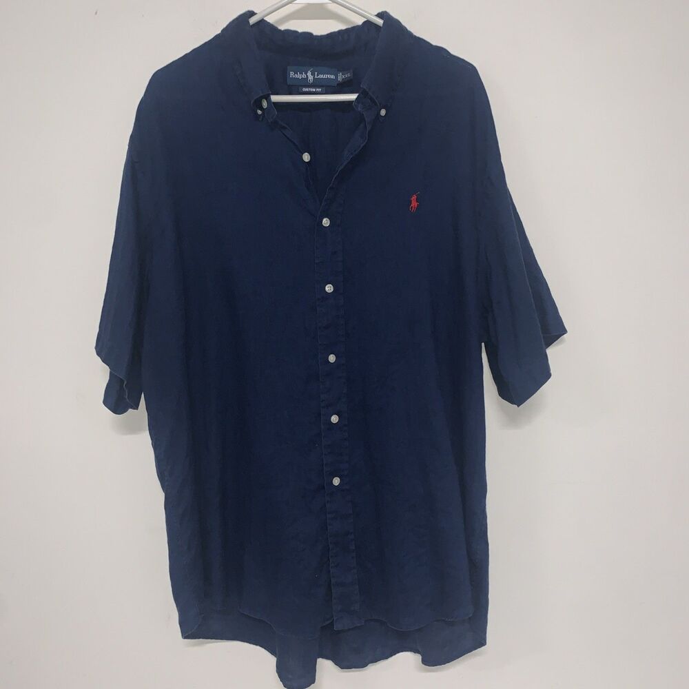 Polo Ralph Lauren 100% Linen Short Sleeve Mens 2XL Navy Blue Custom Fit Coastal